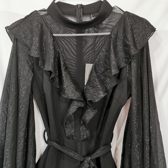 NWT Cien Black Metallic Ruffle Wide-Leg Jumpsuit Mesh Yoke Angel Sleeves Size L - Picture 4 of 11